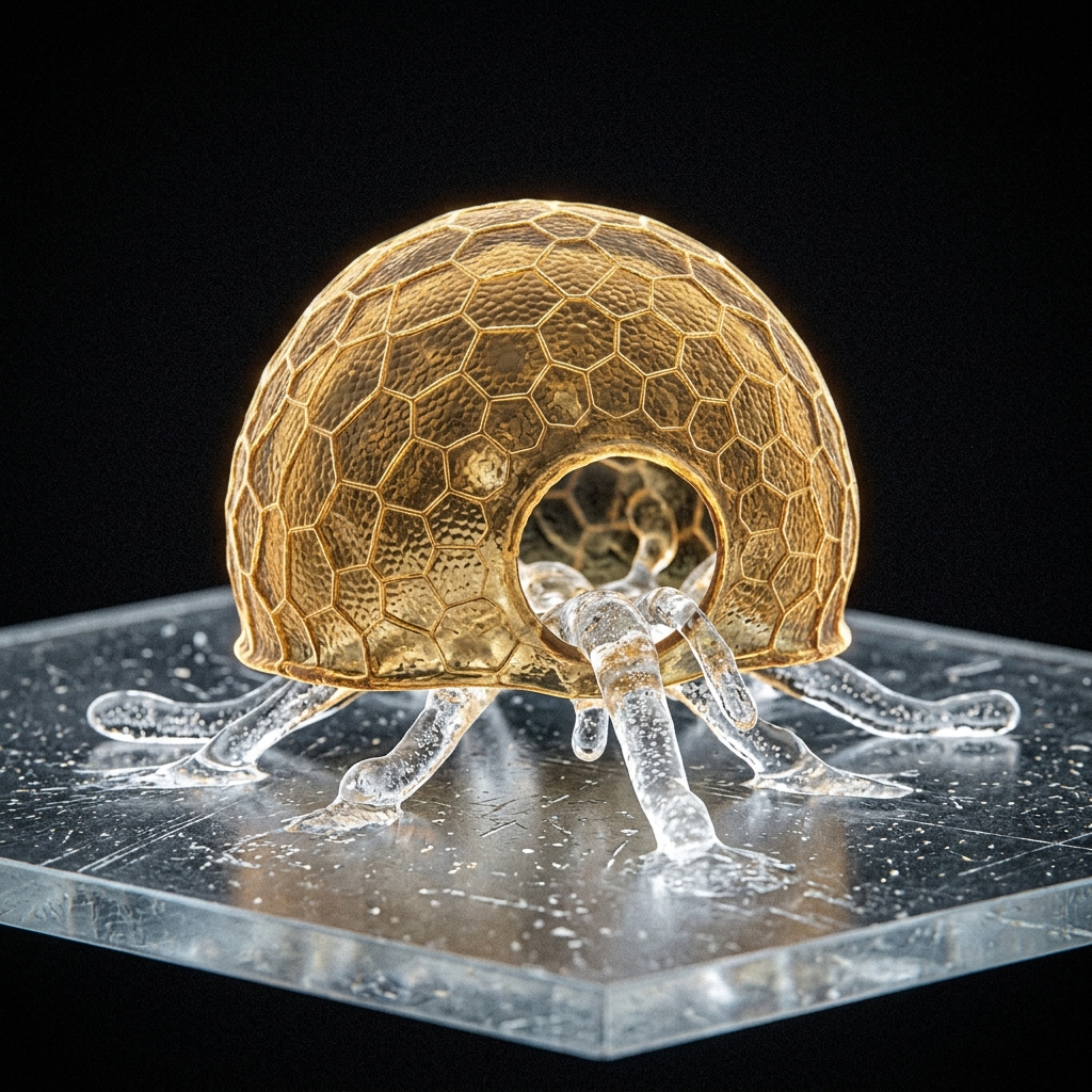 Arcella extending transparent pseudopodia from its dome-shaped shell