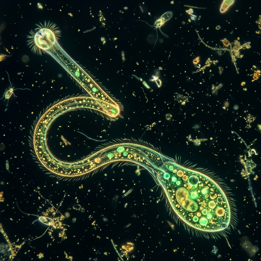 首を長く伸ばして周囲を探索するラクリマリア・オロールの顕微鏡写真