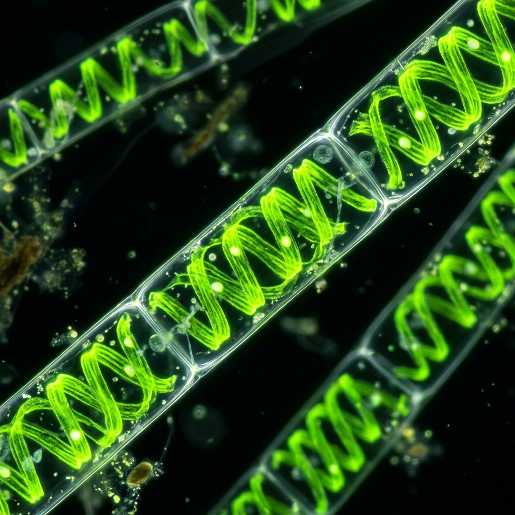 美しい緑色の螺旋状葉緑体を持つアオミドロの顕微鏡写真